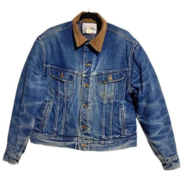 Lee Other - Vintage 80s Lee Storm Rider Sz L Denim Jacket Corduroy Collar Blanket Lined Made